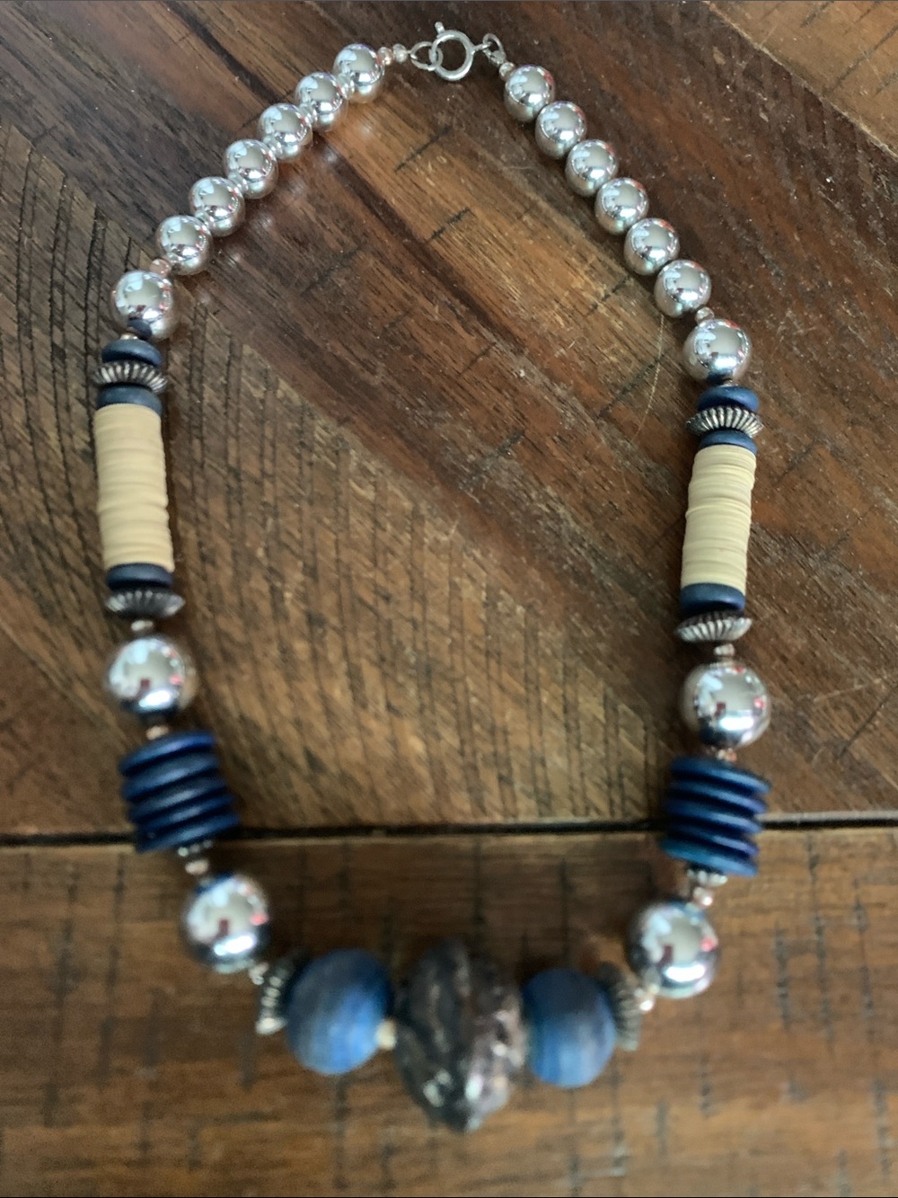 Silver and Navy Beaded Statement Necklace - Unbranded